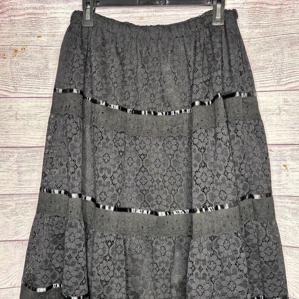 The Pitchfork Brand Tired Black Midi Lace Lined Witchy Goth Skirt Size Medium - Picture 3 of 10